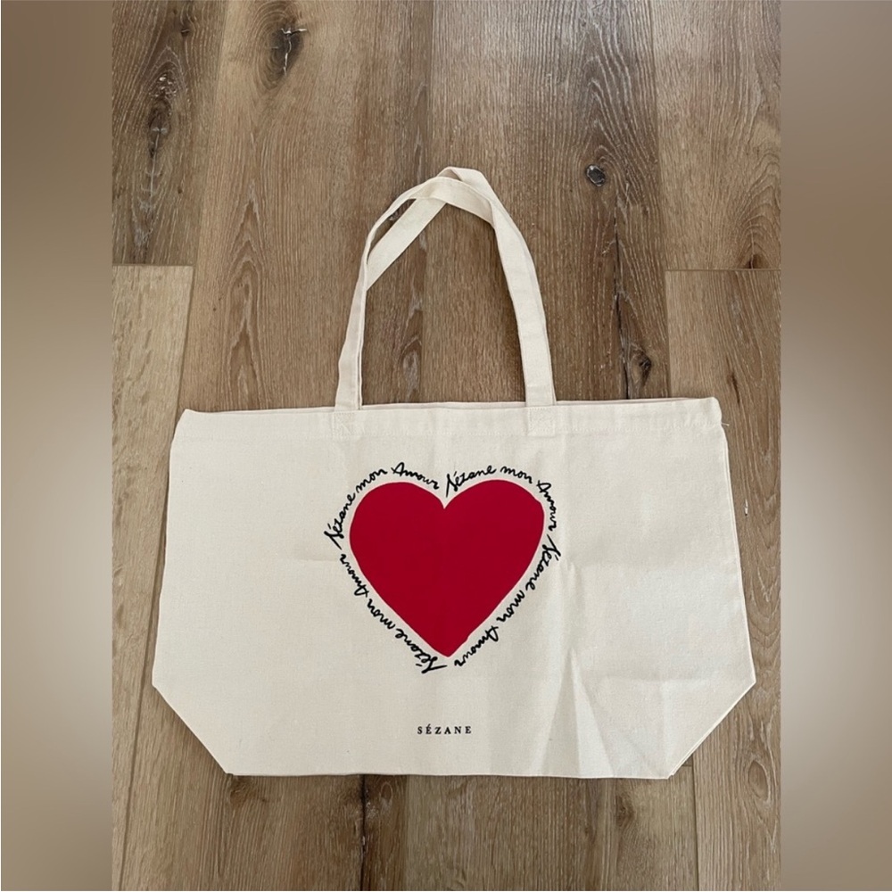 Sézane red heart mon amour canvas tote bag NWOT